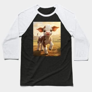 Sunrise Frolic: Cheerful Farm Calf Baseball T-Shirt